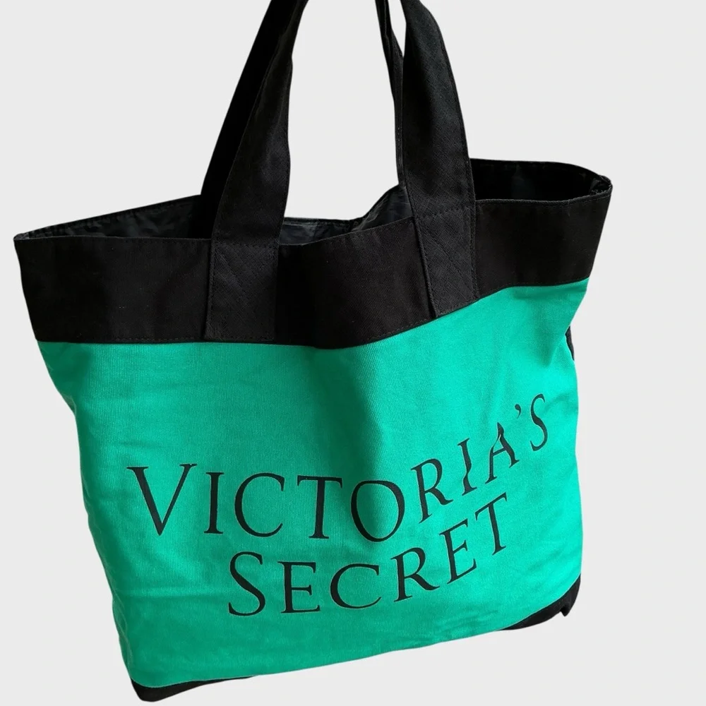 Victoria’s Secret Navy Blue Green Canvas Tote Bag Large Travel Beach Carryall